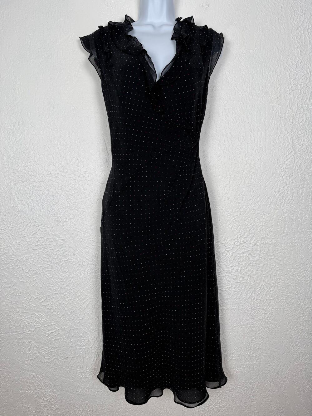 Express Y2K 100% Silk Micro Dot Ruffle Faux Wrap Dress Size 9/10